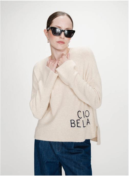 Grace & Mila Pulls Pull oversize en maille à message brodé marine Viggo femme beige