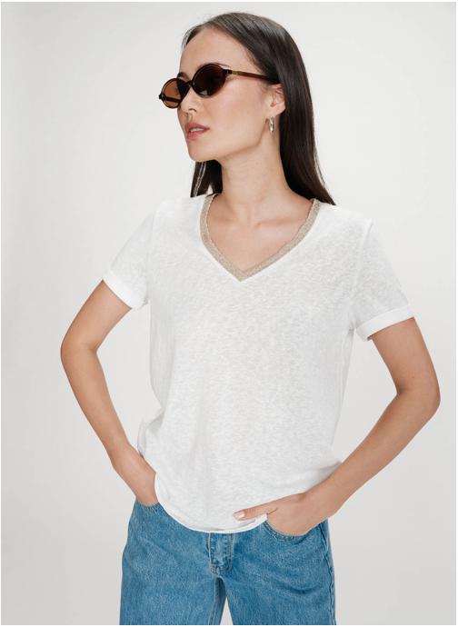 Grace & Mila Tee-shirts T-shirt col V manches courtes ivoire Vasco femme beige