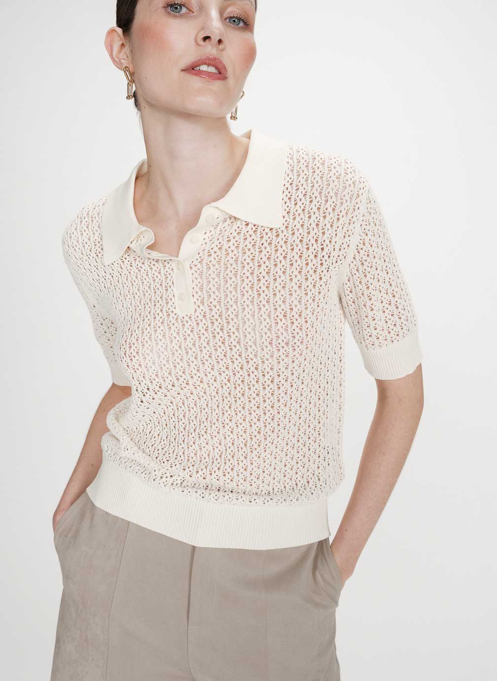 Pulls Polo en fine maille ajourée manches courtes ecru Vathi femme beige Grace & Mila Pulls Polo en fine maille ajourée manches courtes ecru Vathi femme beige Ecru