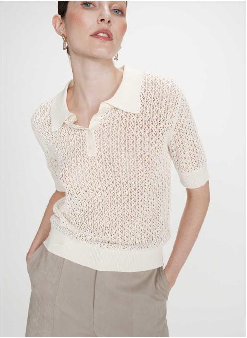 Grace & Mila Pulls Polo en fine maille ajourée manches courtes ecru Vathi femme beige