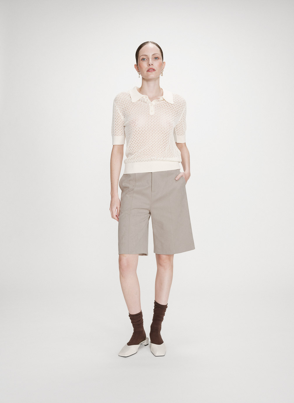 Pulls Polo en fine maille ajourée manches courtes ecru Vathi femme beige Grace & Mila Pulls Polo en fine maille ajourée manches courtes ecru Vathi femme beige Ecru