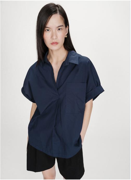 Grace & Mila Blouses Blouse large en coton manches courtes marine Versigny femme bleu