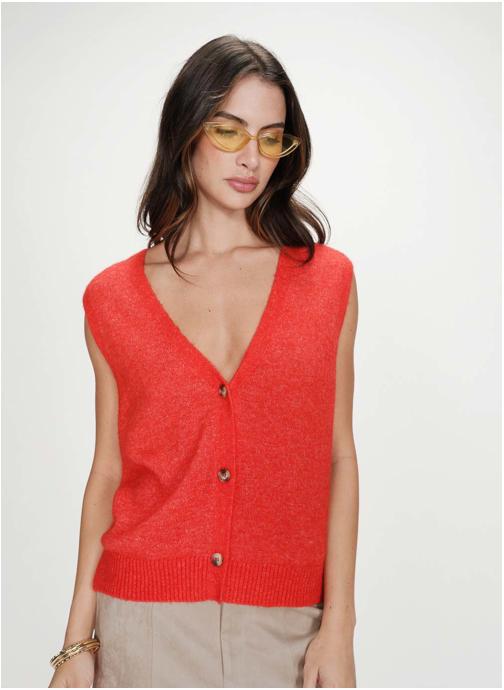 Grace & Mila Gilets Cardigan sans manches boutonné col V sanguine Nars femme rouge
