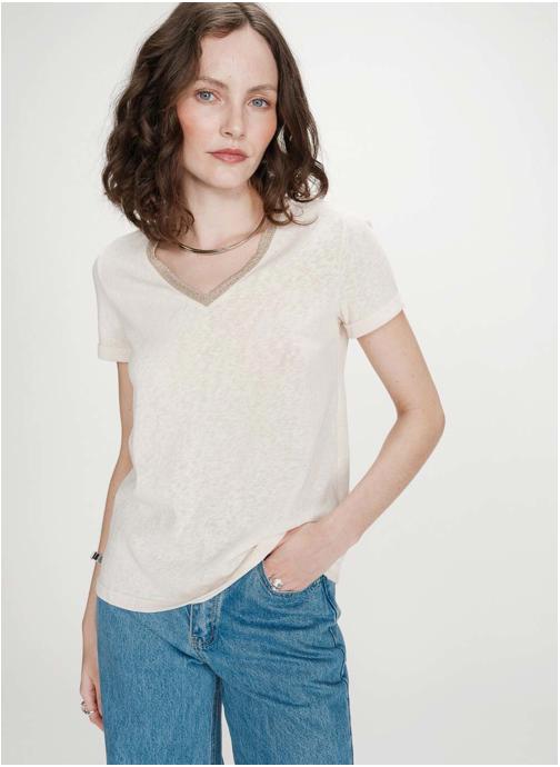 Grace & Mila Tops T-shirt col V manches courtes amande Vasco femme beige