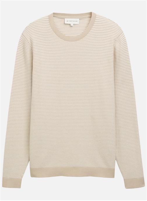 Tom Tailor Pulls Pull coton à rayures col rond droit - 1050091 homme beige