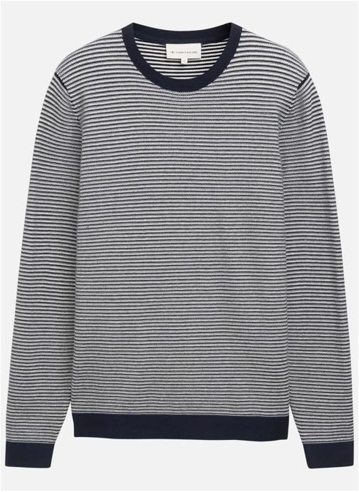 Tom Tailor Pulls Pull coton à rayures col rond droit - 1050091 homme bleu