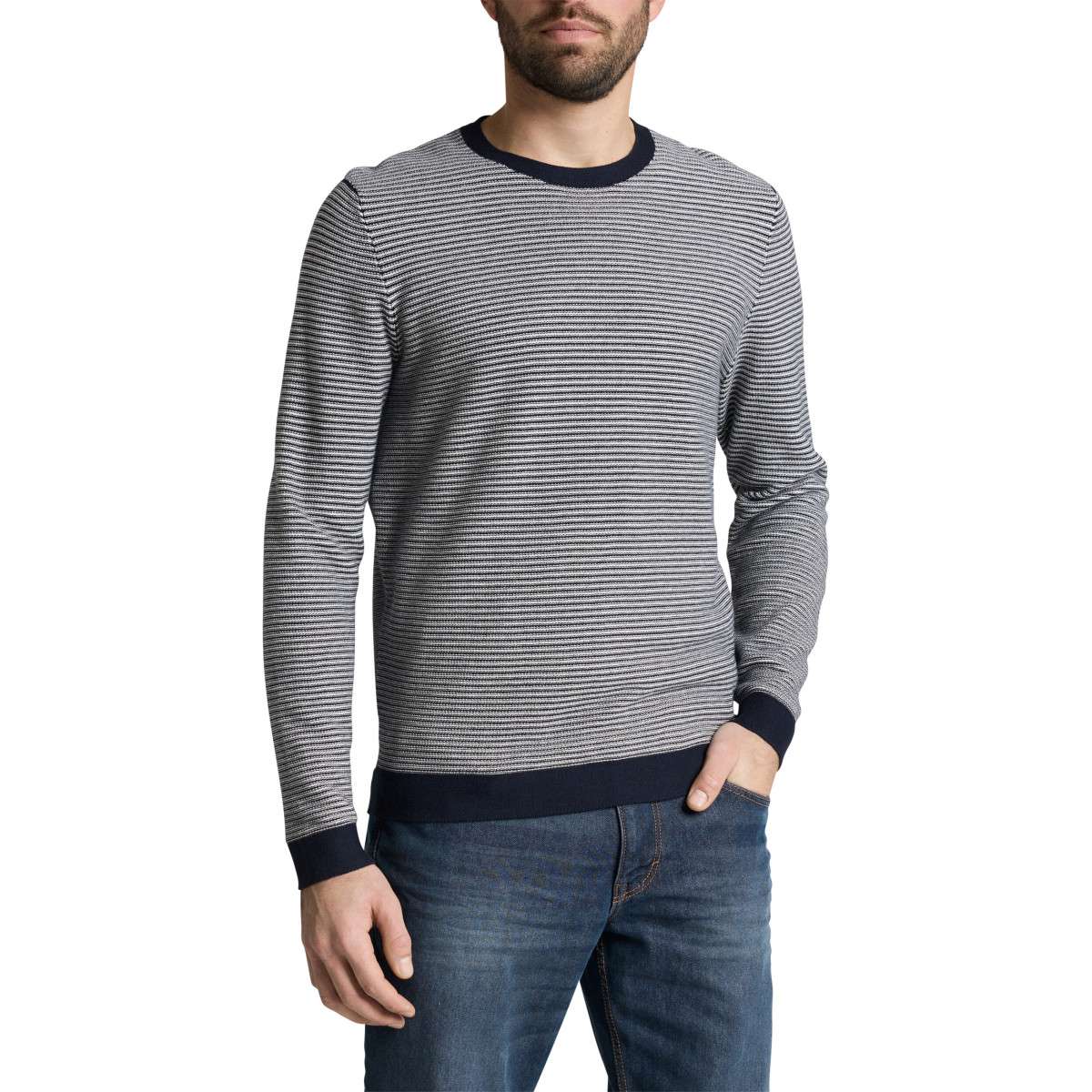Pulls Pull coton à rayures col rond droit - 1050091 homme bleu Tom Tailor Pulls Pull coton à rayures col rond droit - 1050091 homme bleu Bleu