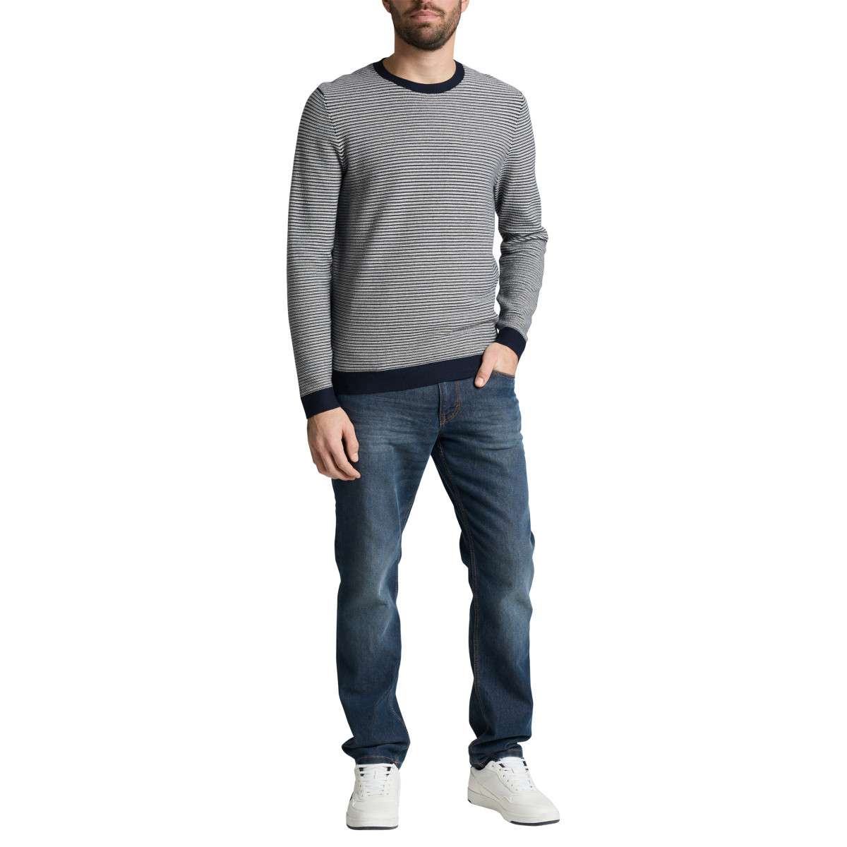 Pulls Pull coton à rayures col rond droit - 1050091 homme bleu Tom Tailor Pulls Pull coton à rayures col rond droit - 1050091 homme bleu Bleu