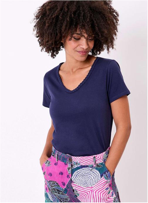 La Fiancée Tee-shirts T-shirt coton bio uni col tressé EMON femme bleu