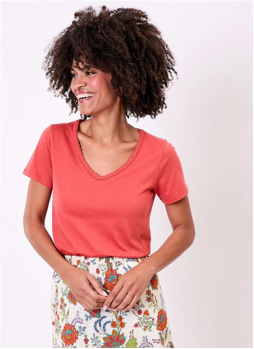 La Fiancée Tee-shirts T-shirt coton bio uni col tressé EMON femme orange