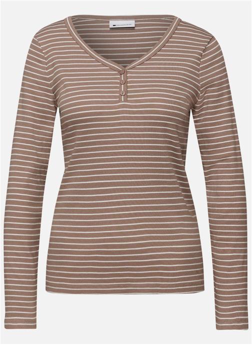 Street One Tee-shirts T-shirt coton biologique à rayures col tunisien droit - 324620 femme marron