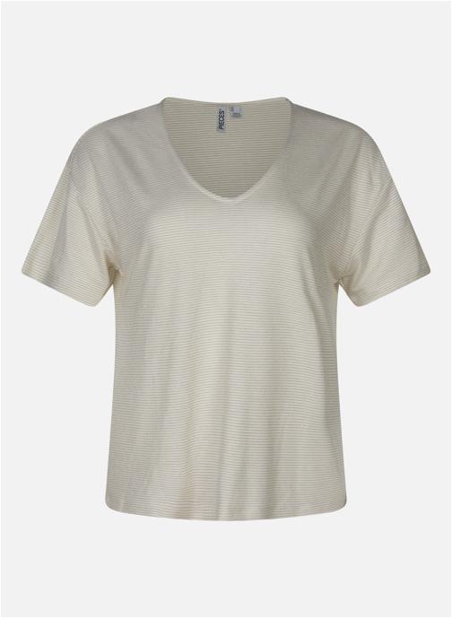 Pieces Tee-shirts T-shirt à rayures col v large - 17146304 femme blanc