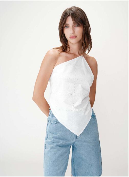 Grace & Mila Tops Top en coton brodé asymétrique dos nu white Waiting femme blanc