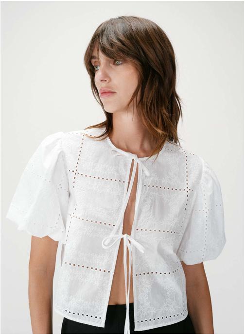 Grace & Mila Tops Blouse brodée à nouer manches ballon white Wylette femme blanc