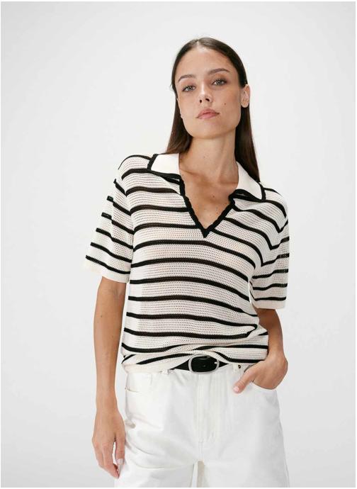 Grace & Mila Tops Polo en maille ajourée col V rayure Wilmot femme beige