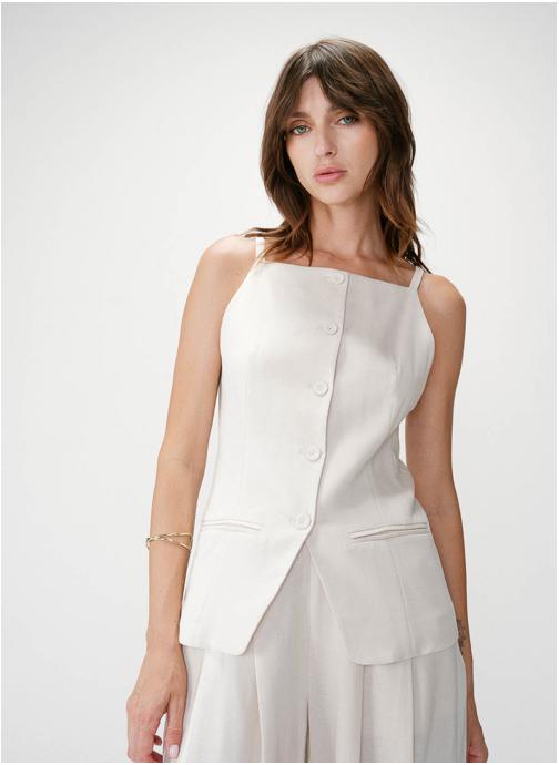 Grace & Mila Tops Gilet de tailleur en tencel et lin col carré sable Winston femme beige