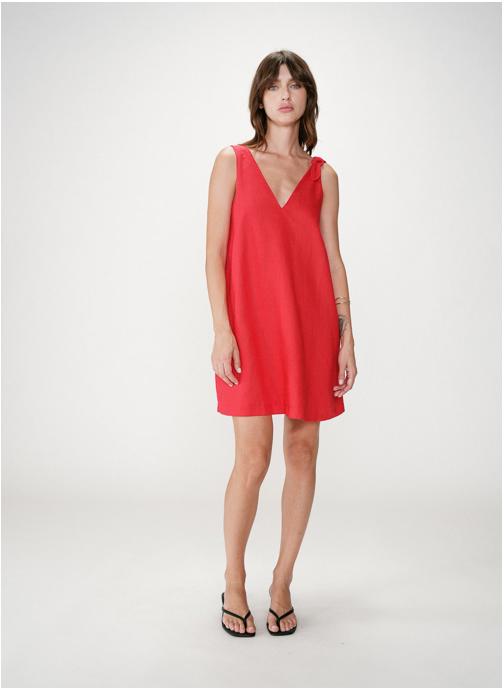 Grace & Mila Robes Robe courte évasée en lin col V rouge Wynette femme rouge