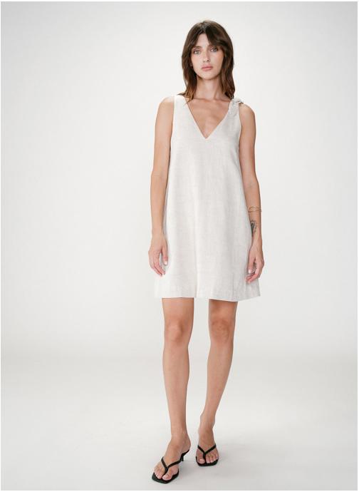 Grace & Mila Robes Robe courte évasée en lin col V sable Wynette femme beige