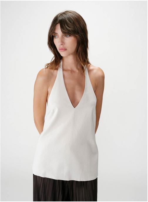 Grace & Mila Tops Top en lin col V dos nu à nouer sable Wise femme beige