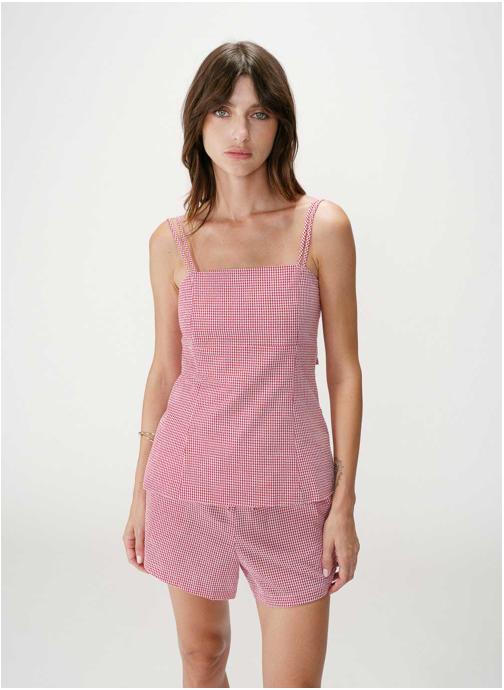 Grace & Mila Tops Top en coton vichy ajusté col carré rouge Wynel femme rouge