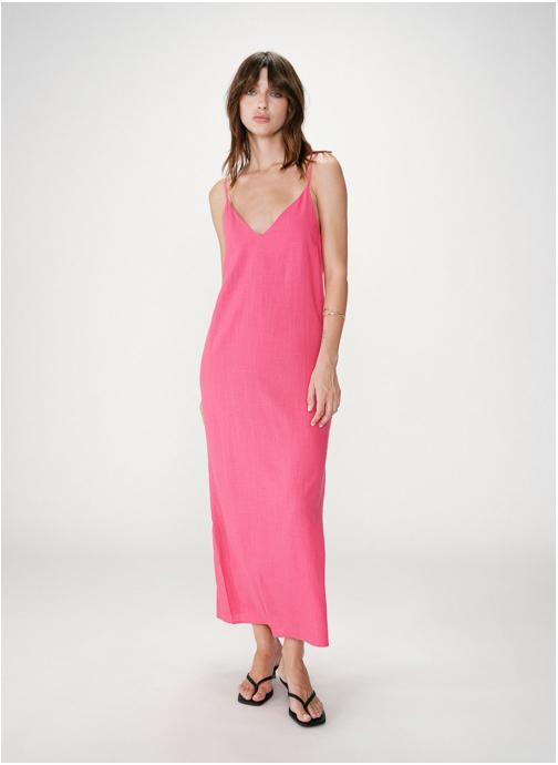 Grace & Mila Robes Robe longue en lin col V dos nu à nouer fuchsia Wendra femme rose