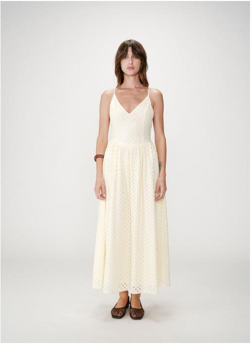 Grace & Mila Robes Robe longue évasée col V en broderie anglaise jaune Wimala femme jaune