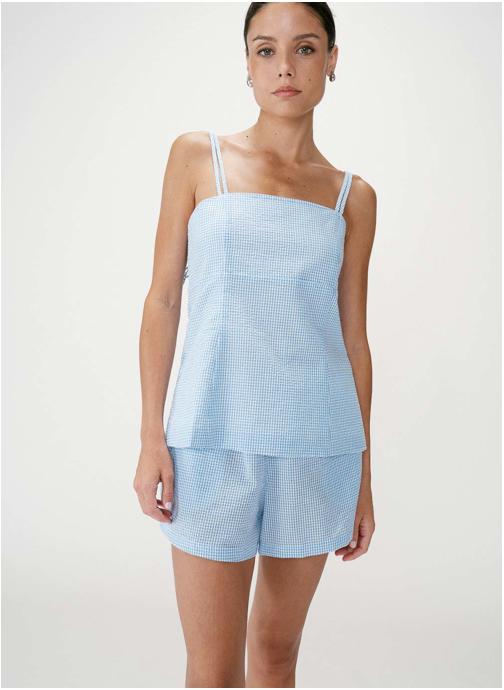 Grace & Mila Tops Top en coton vichy ajusté col carré ciel Wynel femme bleu