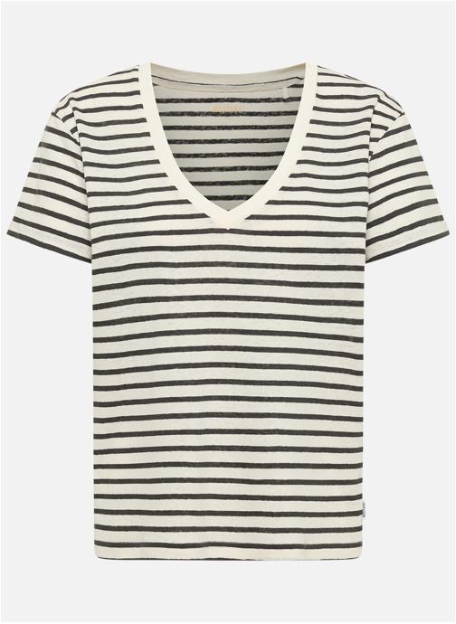 MUSTANG Tee-shirts T-shirt coton et lin mélangé à rayures col v droit - 1017724 femme blanc