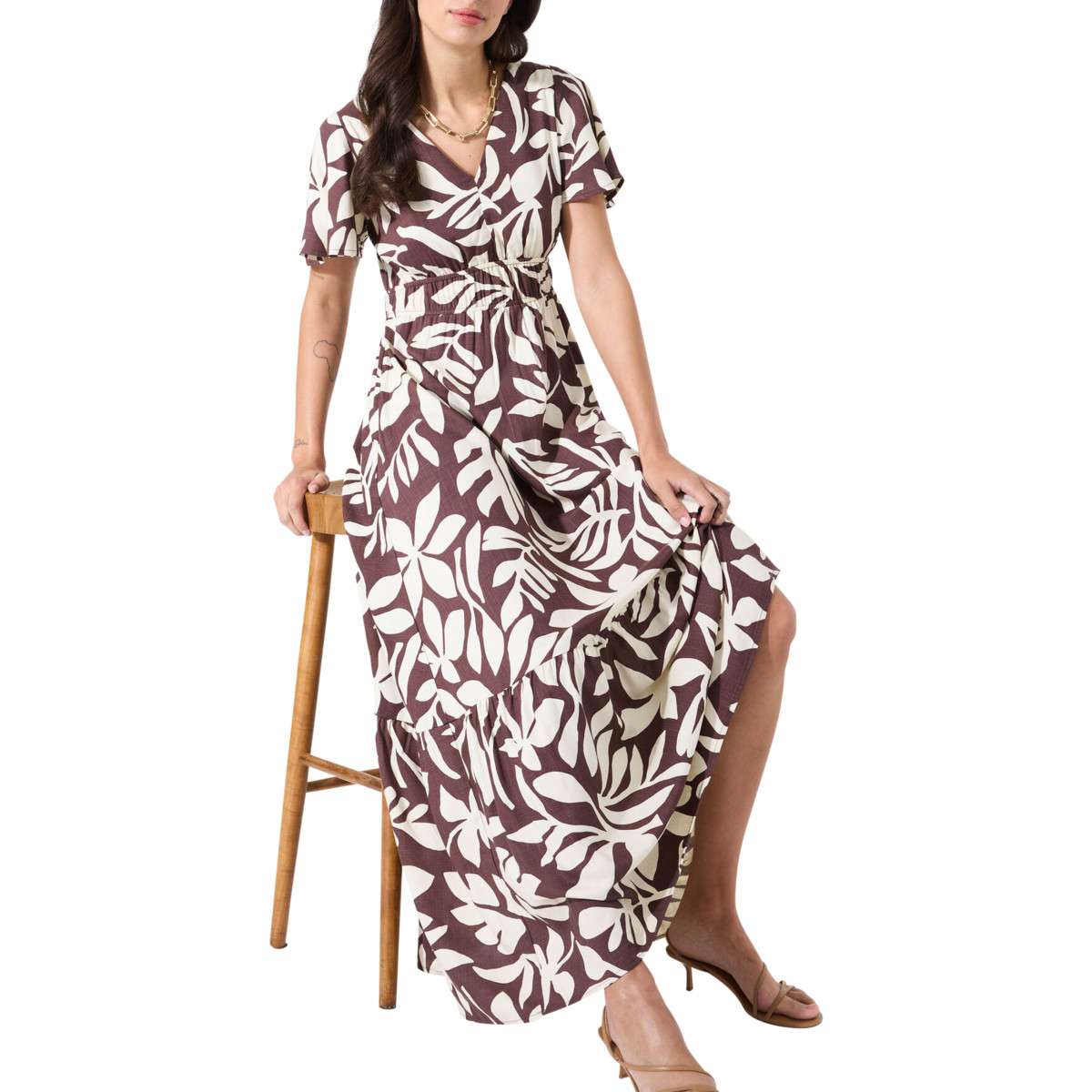 Robes Robe longue floral ajustée - P260281 femme marron Garcia Robes Robe longue floral ajustée - P260281 femme marron Marron