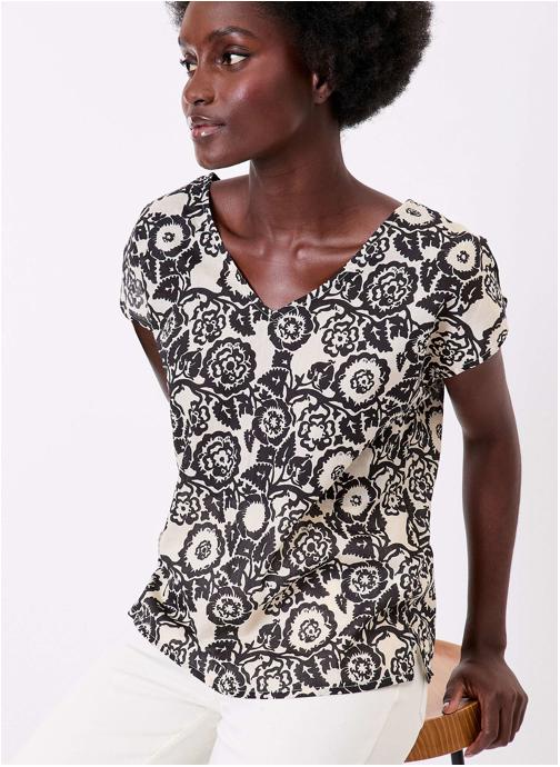 La Fiancée Tops Top imprimé voile de coton bio col V CACIA femme noir