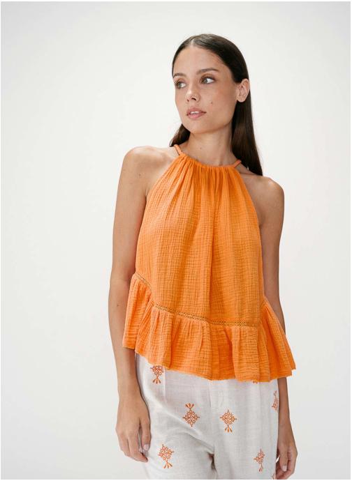 Grace & Mila Tops Top sans manches froncées en gaze de coton orange Widy femme orange