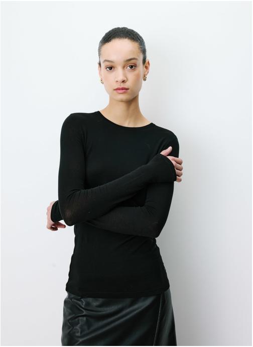 Grace & Mila Tops Top seconde peau en laine mélangée col rond noir Alkias femme noir