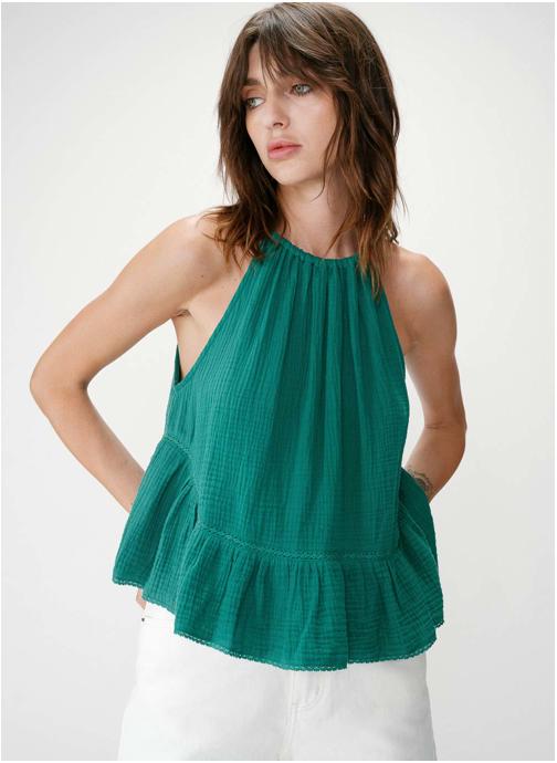 Grace & Mila Tops Top sans manches froncées en gaze de coton emeraude Widy femme vert