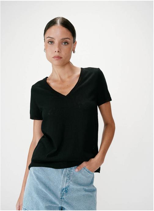 Grace & Mila Tops Top droit col V en dentelle manches courtes noir Willem femme noir