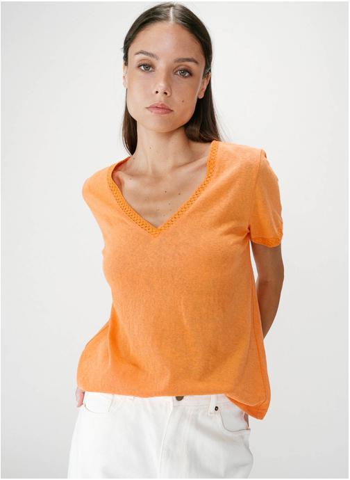 Grace & Mila Tops Top droit col V en dentelle manches courtes orange Willem femme orange