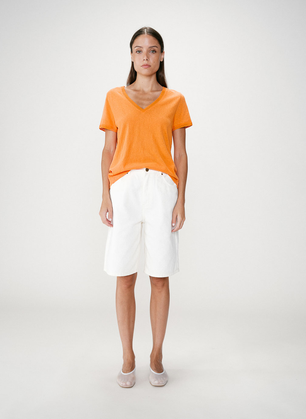 Tops Top droit col V en dentelle manches courtes orange Willem femme orange Grace & Mila Tops Top droit col V en dentelle manches courtes orange Willem femme orange Orange