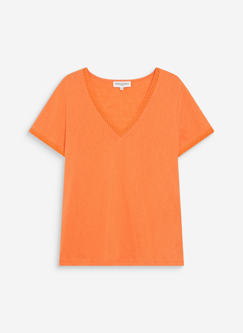 Tops Top droit col V en dentelle manches courtes orange Willem femme orange Grace & Mila Tops Top droit col V en dentelle manches courtes orange Willem femme orange Orange