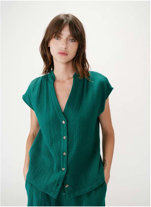 Grace & Mila Tops Chemise en gaze de coton manches courtes emeraude Wesra femme vert