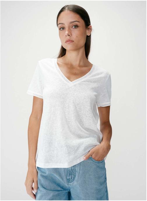 Grace & Mila Tops Top droit col V en dentelle manches courtes ivoire Willem femme beige