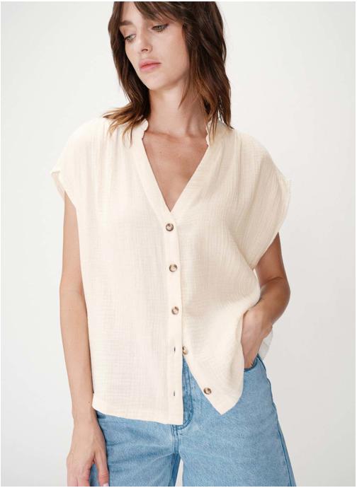 Grace & Mila Tops Chemise en gaze de coton manches courtes ecru Wesra femme beige