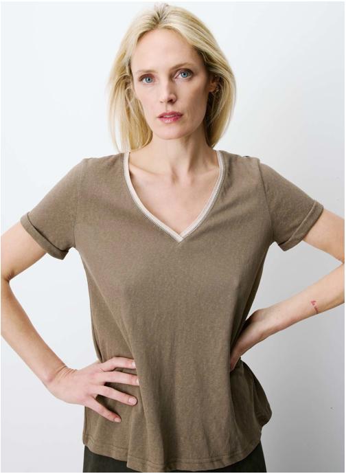 Grace & Mila Tops T-shirt manches courtes col V contrasté kaki Aurelien femme vert