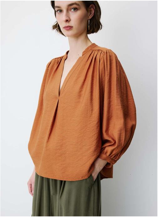 Grace & Mila Tops Blouse ample manches bouffantes 3/4 col V camel Auriane femme marron