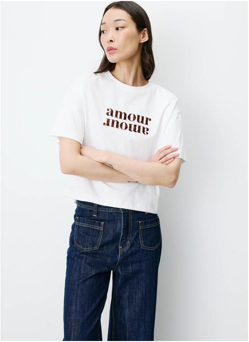 Grace & Mila Tops T-shirt en coton manches courtes à inscription ivoire Anis femme beige