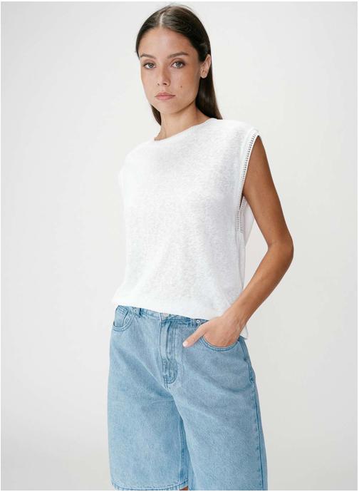 Grace & Mila Tops Top droit col et manches ajourés ivoire Wallace femme beige