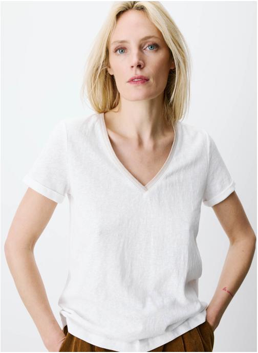 Grace & Mila Tops T-shirt manches courtes col V contrasté ivoire Aurelien femme beige