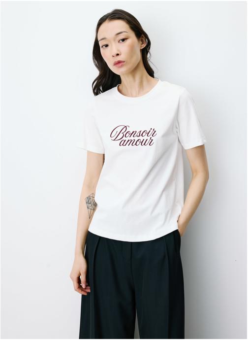 Grace & Mila Tops T-shirt en coton à message imprimé ivoire Amadis femme beige