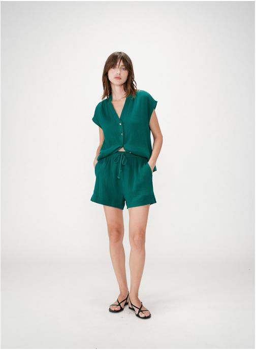 Grace & Mila Shorts Short large taille haute en gaze de coton emeraude Wasabi femme vert