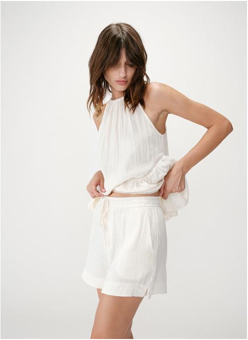 Grace & Mila Shorts Short large taille haute en gaze de coton ecru Wasabi femme beige