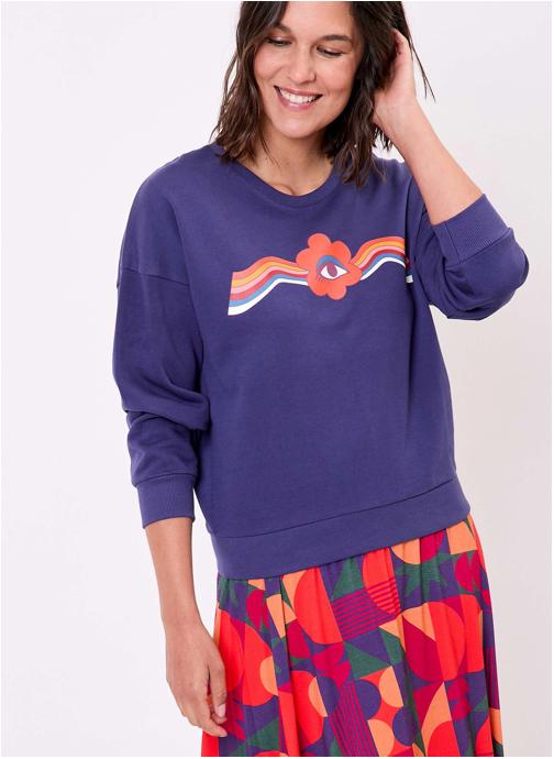 Princesse Nomade Pulls Sweat coton bio col rond PRUNE femme bleu