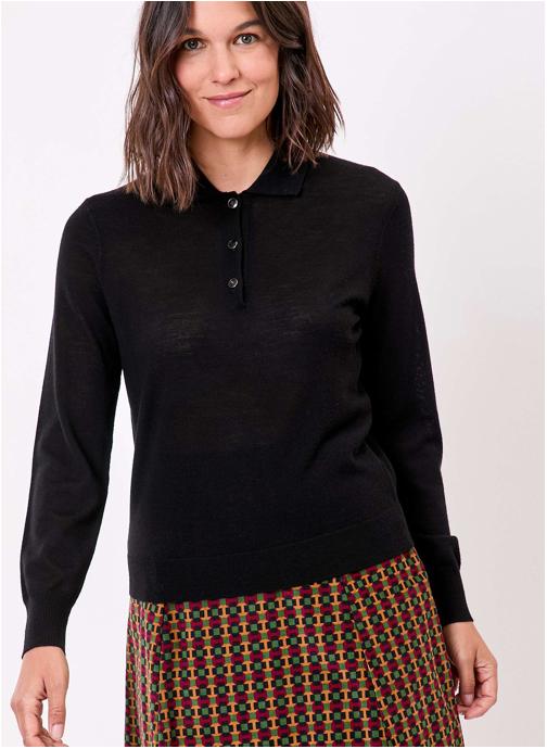 Princesse Nomade Pulls Pull laine mérinos col polo KARL femme noir